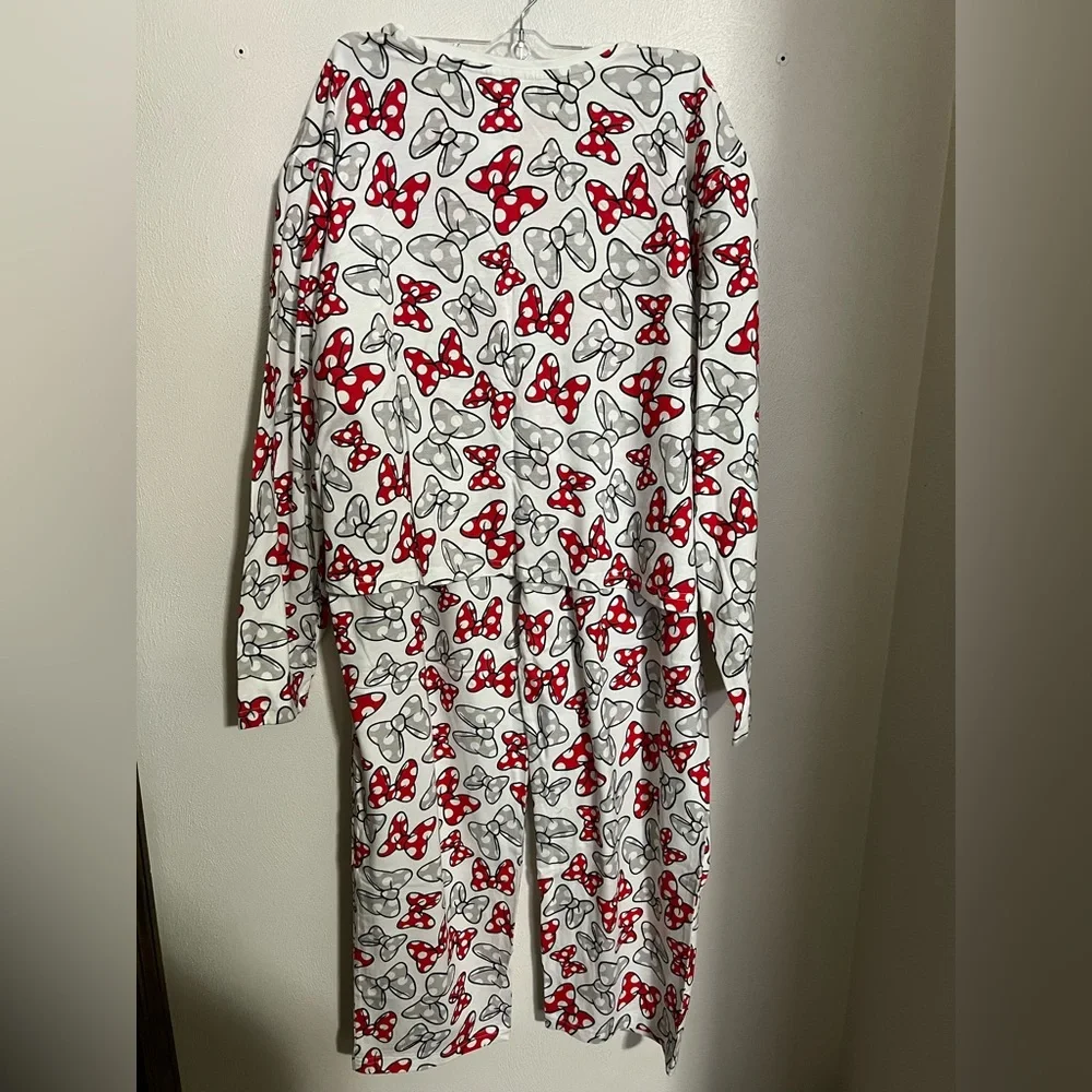DISNEY Classic Minnie Mouse Bow 2 Piece Pajama‎ Set White Red Grey Women's Sz 1X